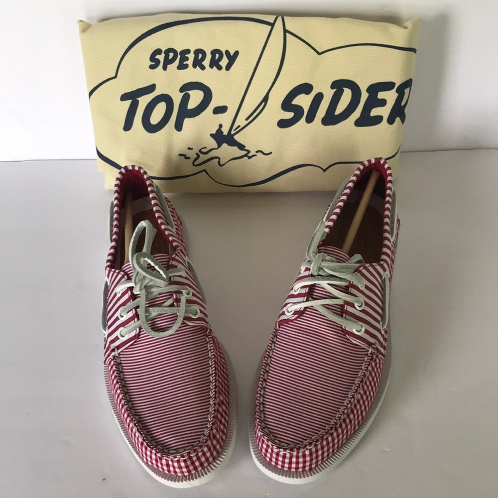 Sperry Leather 3-Eye Boat Shoe Red Gingham  7.5